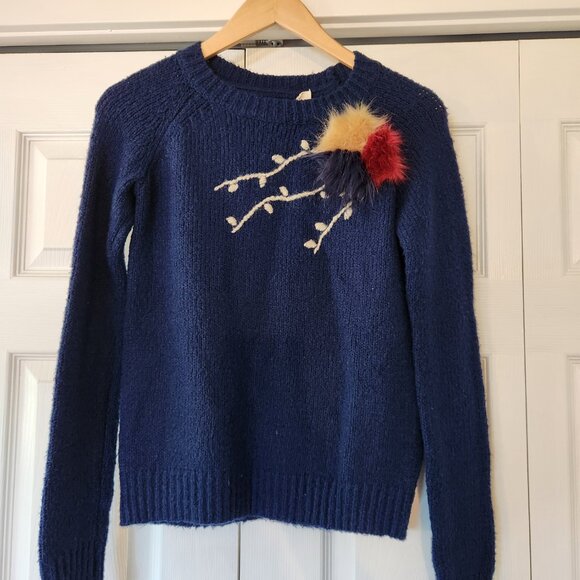 Anthropologie Evie Field Flower Navy Long Sleeve Pom Pom Embroidered Sweater - Picture 3 of 10